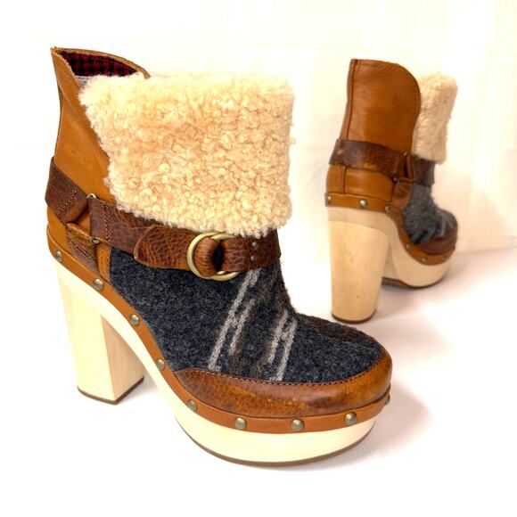 WOOLRICH x Anthropologie Artist Boot Size 10 Wool Wood Platform Boho Winter Clog - Picture 3 of 15